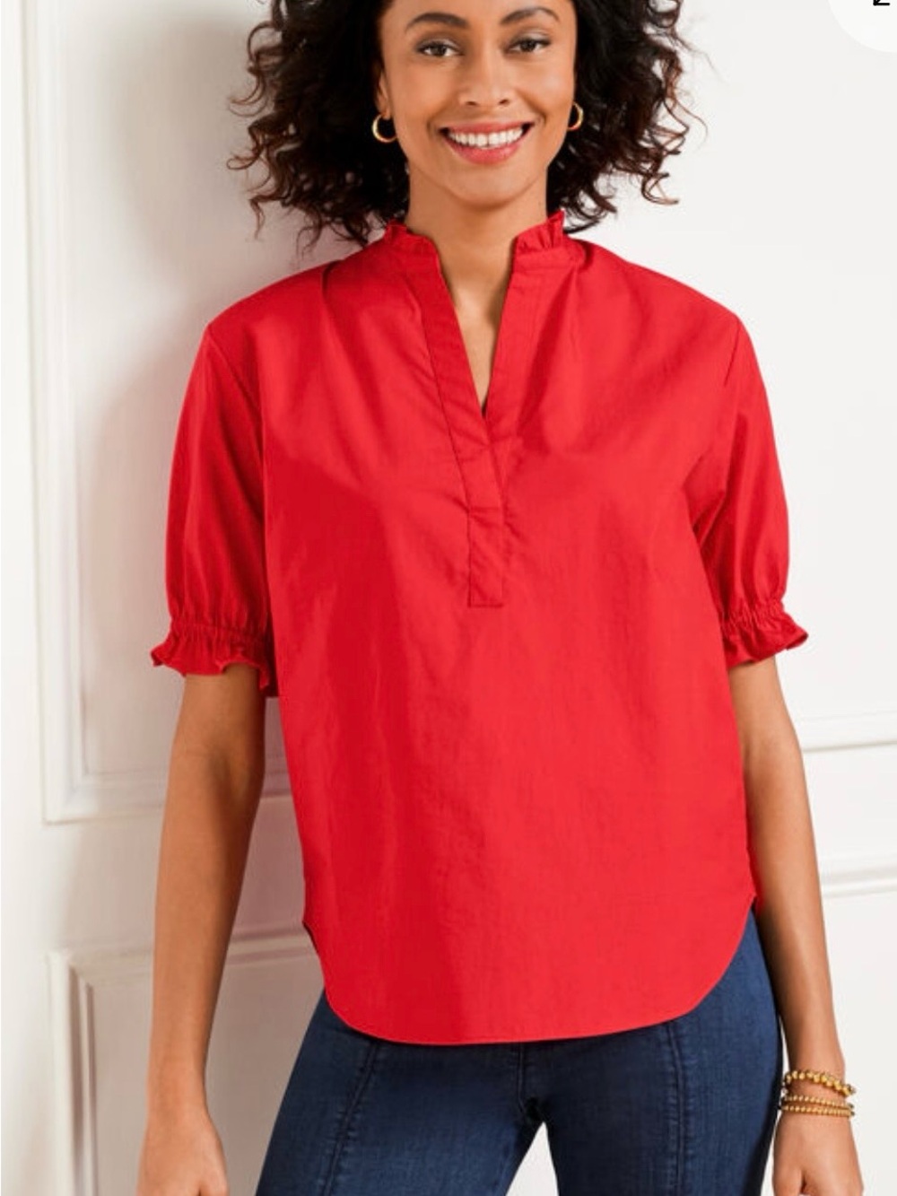 Talbots Red Poplin Ruffle Popover Blouse Puff Sleeve Sz Small Women’s